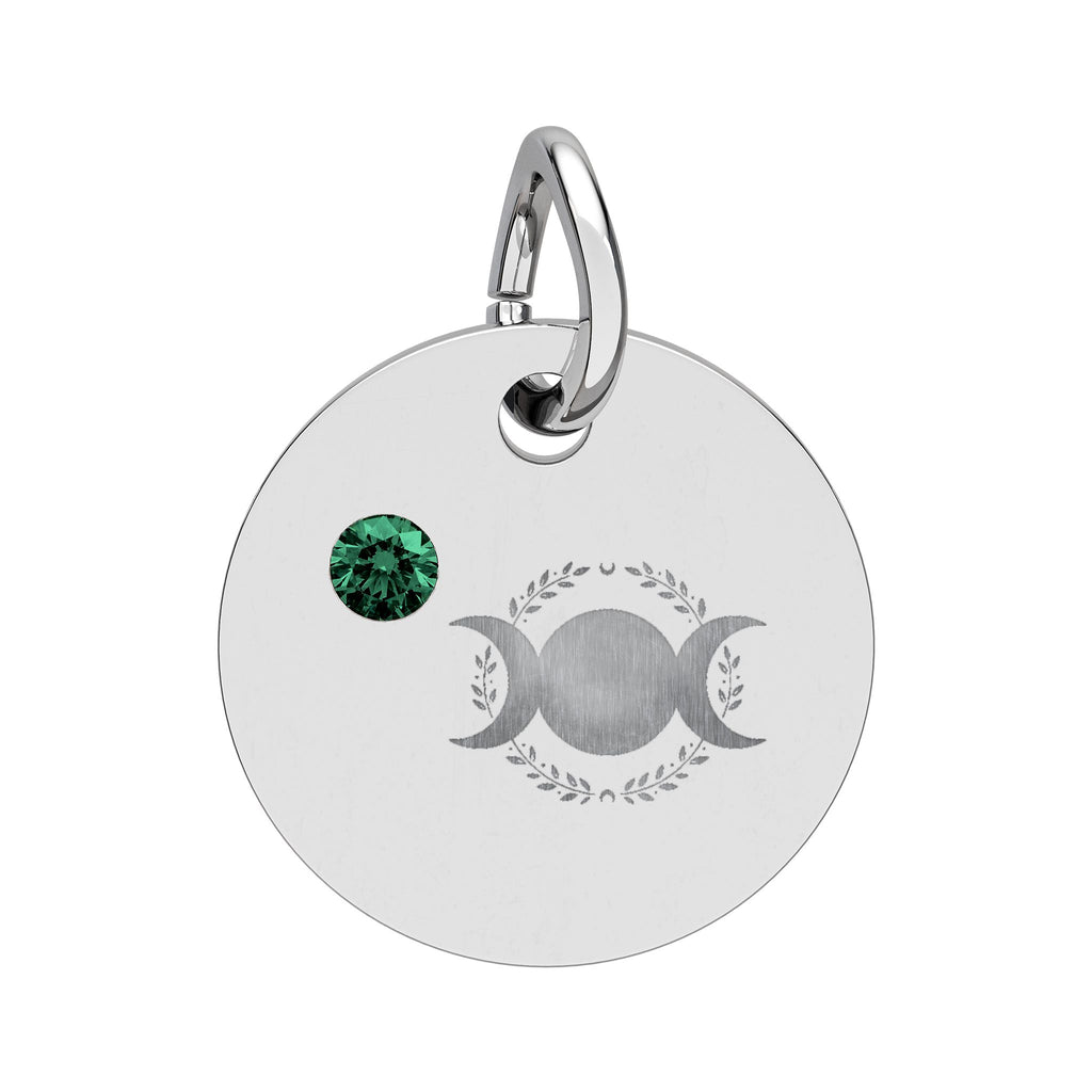 Triple Moon Birthstone Circle Charm — Engraved Zodiac/Occasion Pendant