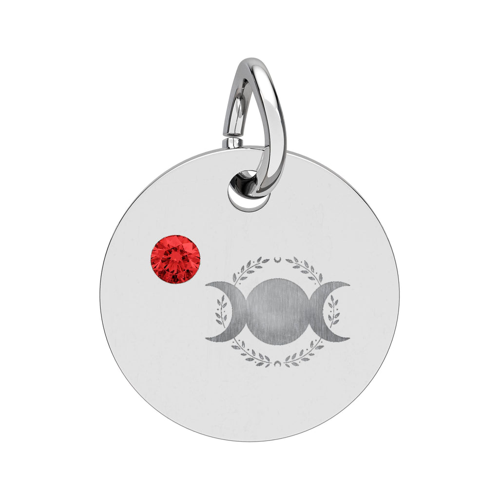 Triple Moon Birthstone Circle Charm — Engraved Zodiac/Occasion Pendant