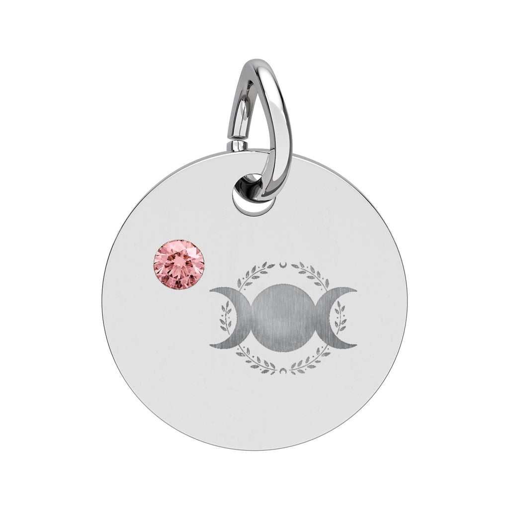 Triple Moon Birthstone Circle Charm — Engraved Zodiac/Occasion Pendant