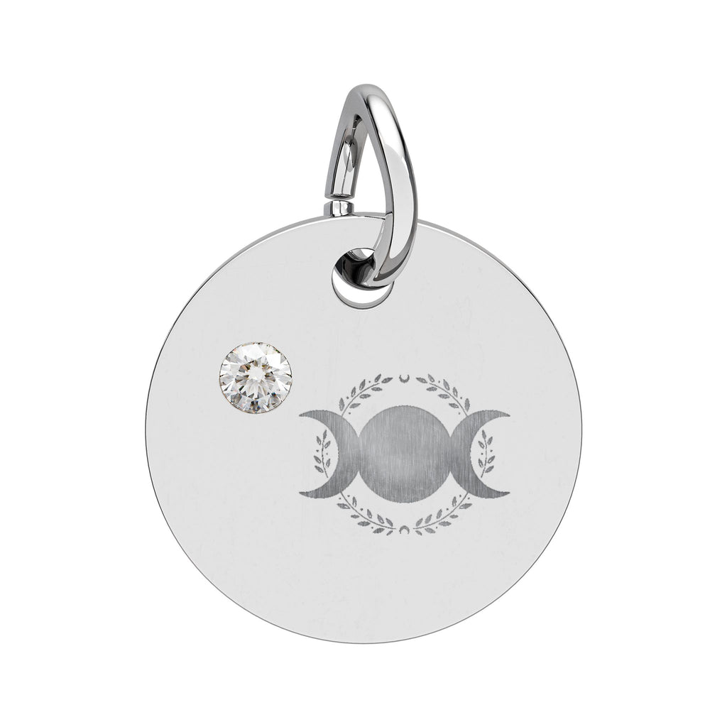 Triple Moon Birthstone Circle Charm — Engraved Zodiac/Occasion Pendant