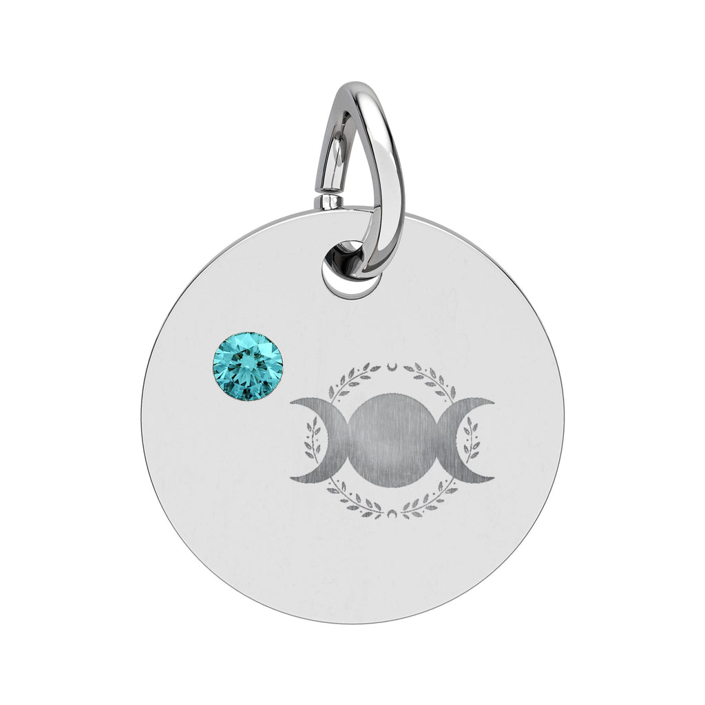 Triple Moon Birthstone Circle Charm — Engraved Zodiac/Occasion Pendant