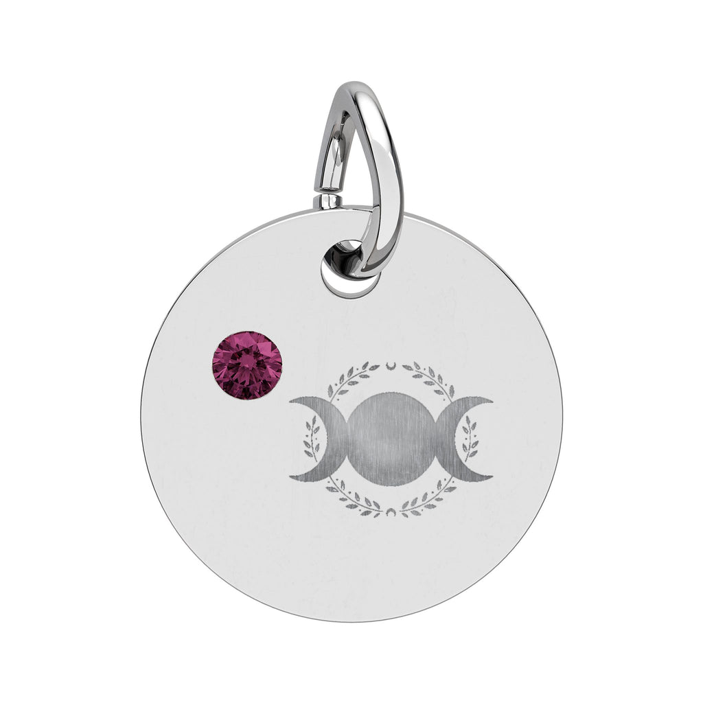 Triple Moon Birthstone Circle Charm — Engraved Zodiac/Occasion Pendant