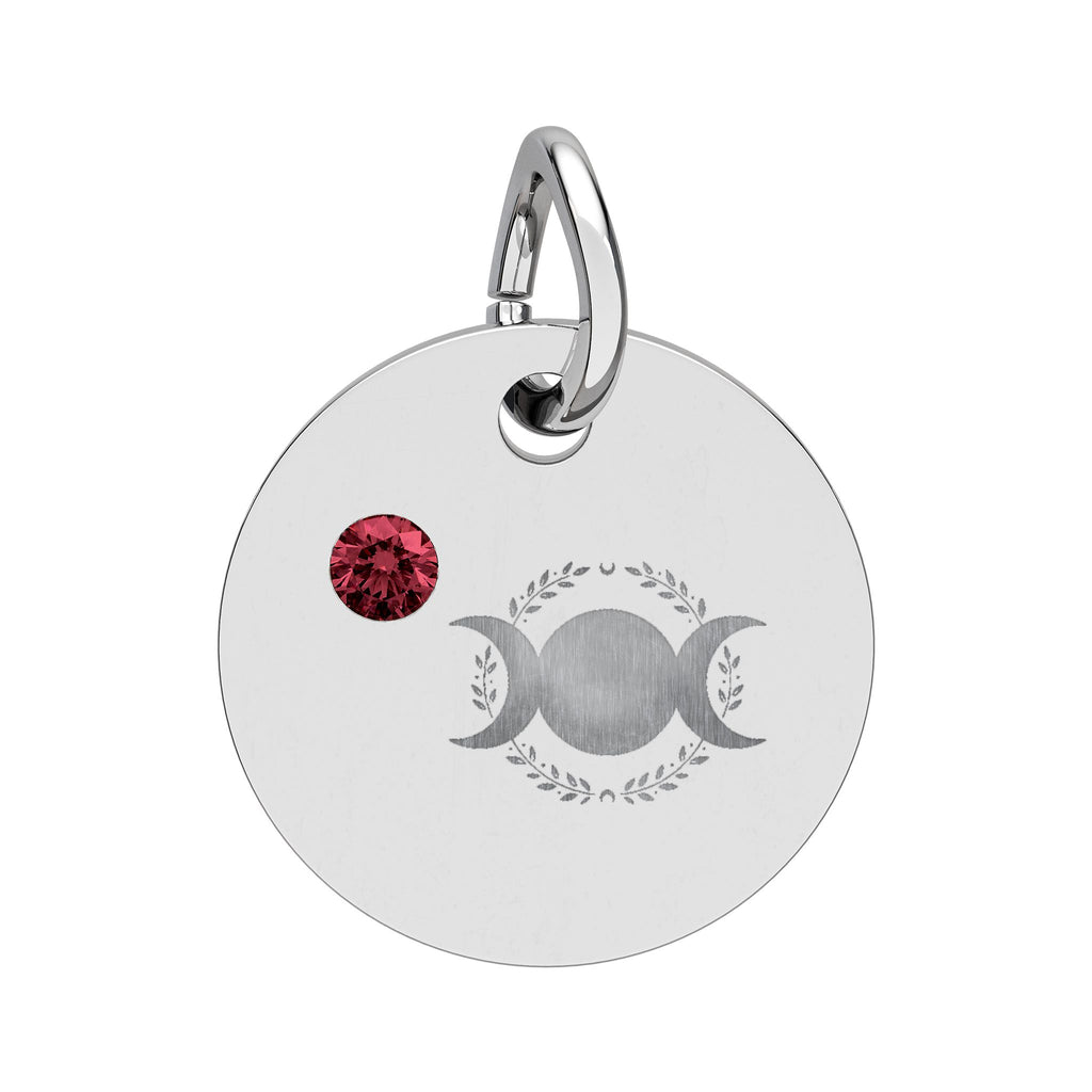 Triple Moon Birthstone Circle Charm — Engraved Zodiac/Occasion Pendant