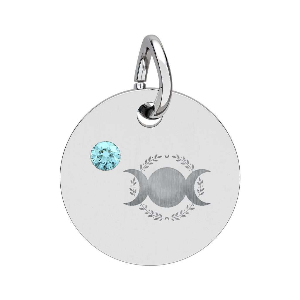 Triple Moon Birthstone Circle Charm — Engraved Zodiac/Occasion Pendant
