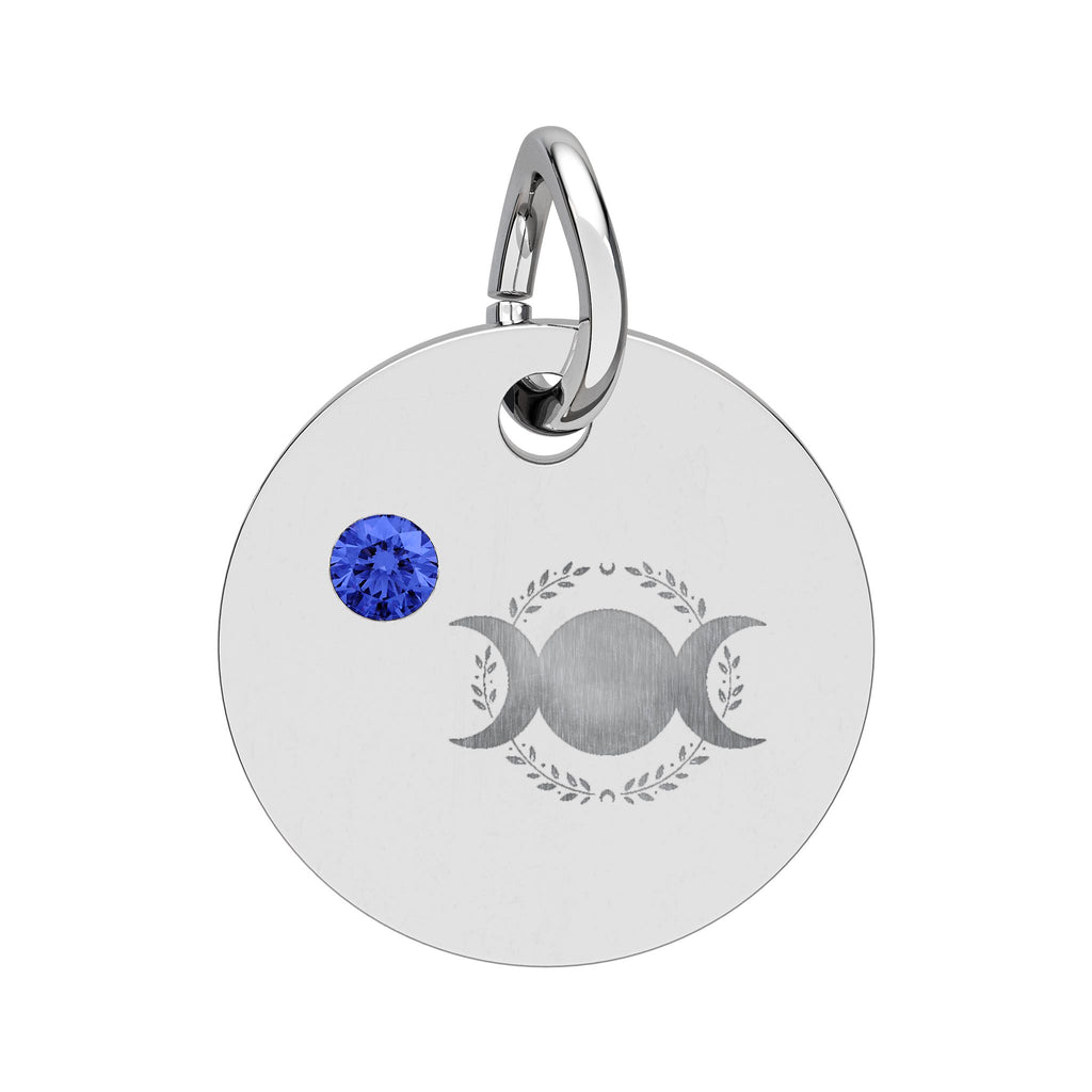 Triple Moon Birthstone Circle Charm — Engraved Zodiac/Occasion Pendant