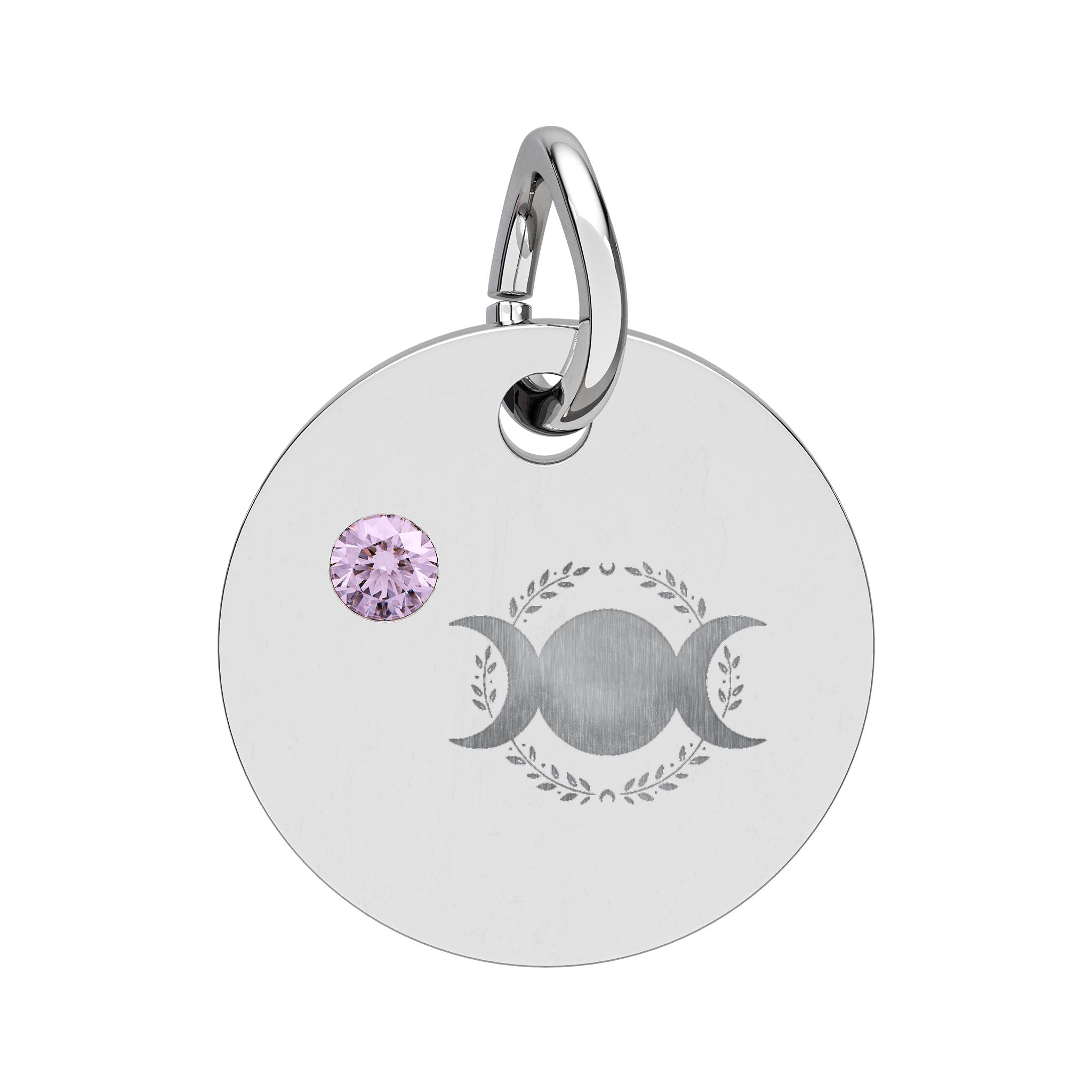 Triple Moon Birthstone Circle Charm — Engraved Zodiac/Occasion Pendant