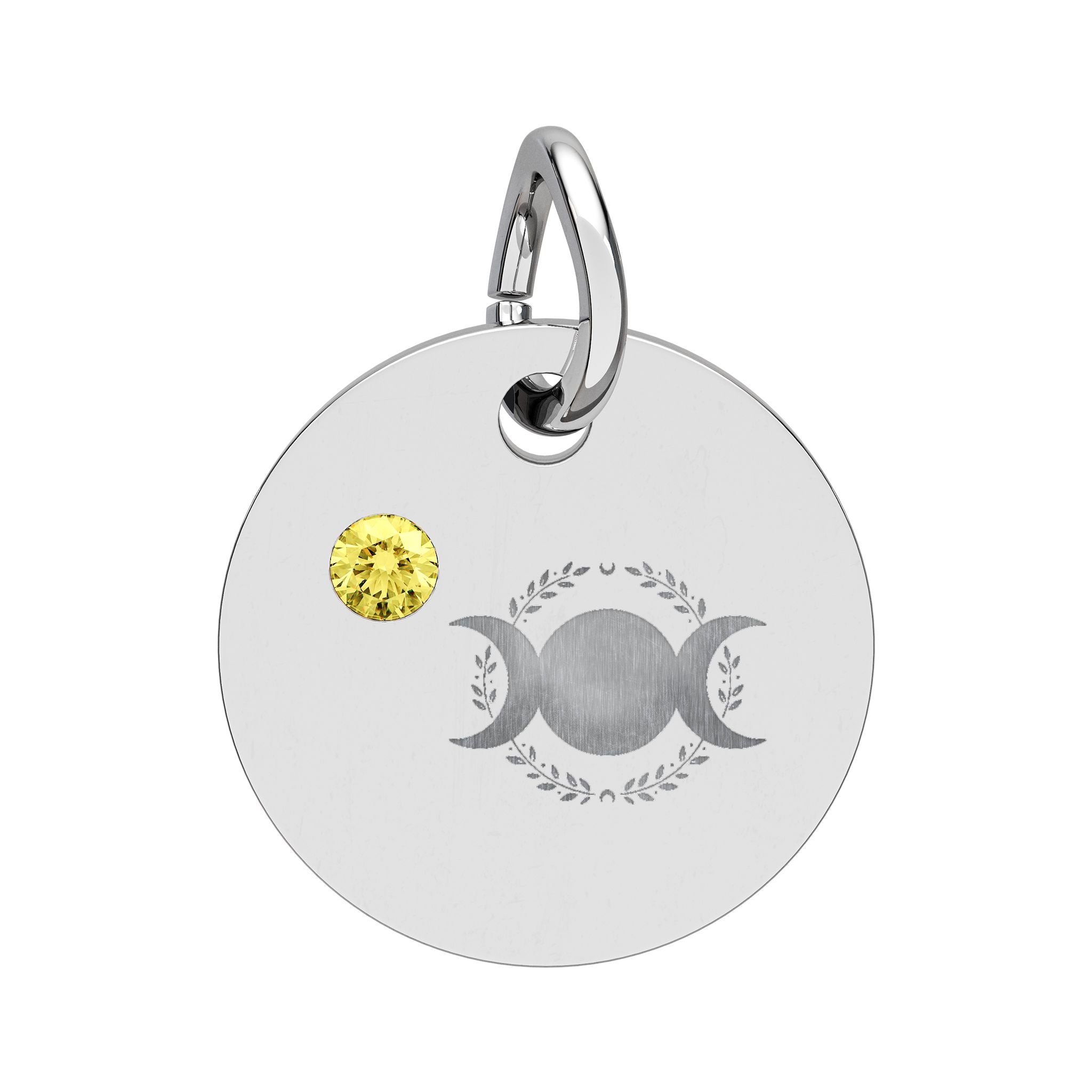 Triple Moon Birthstone Circle Charm — Engraved Zodiac/Occasion Pendant