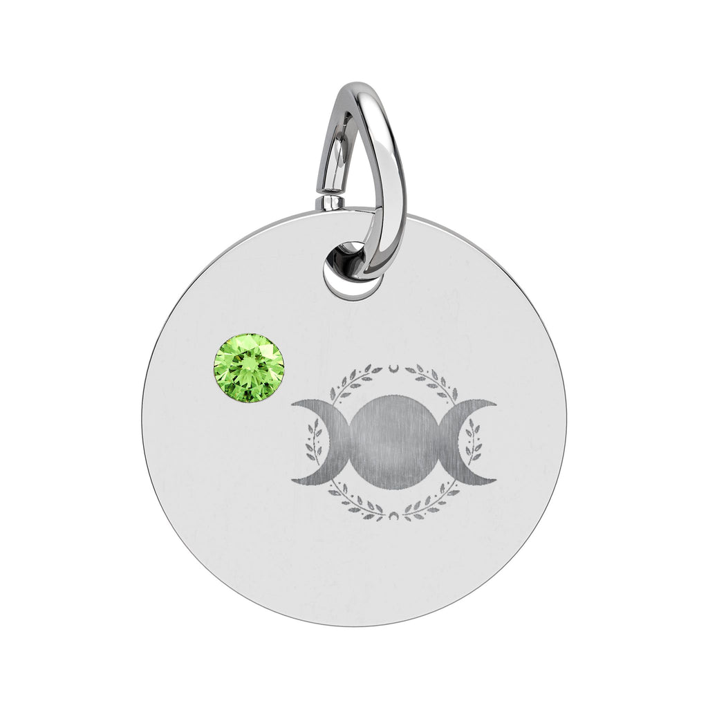 Triple Moon Birthstone Circle Charm — Engraved Zodiac/Occasion Pendant